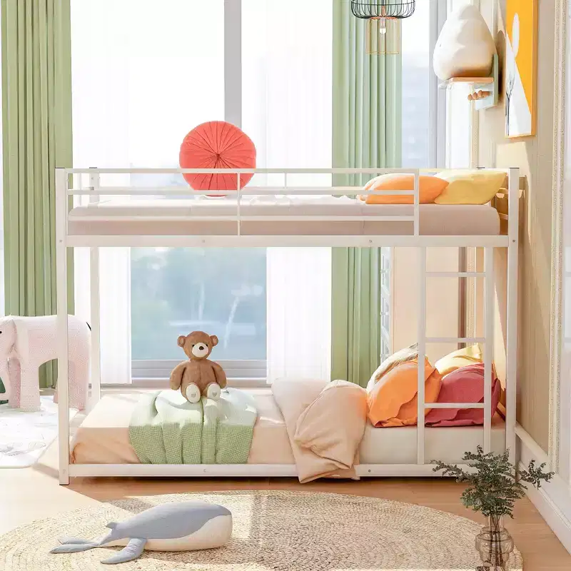 White Twin-Over-Twin Metal Bunk Bed with Ladder, 2-Person