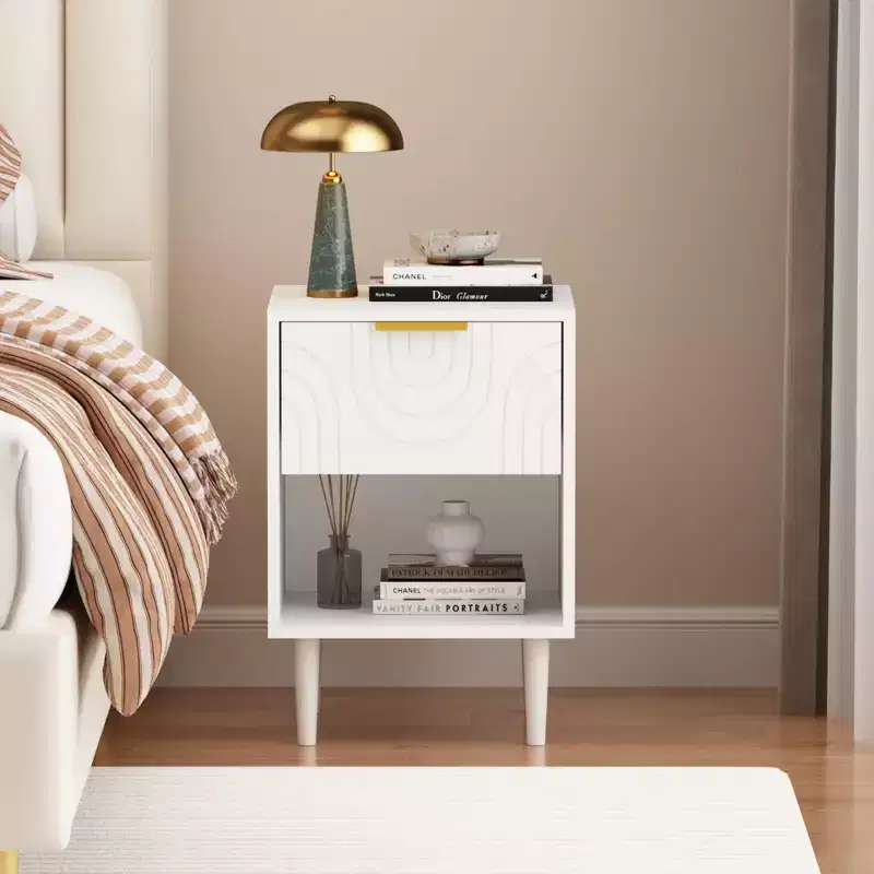 Modern Nightstand Wood White Nightstand End Table Accent Table Side Table with Drawer & Shelf - ModernLuxe
