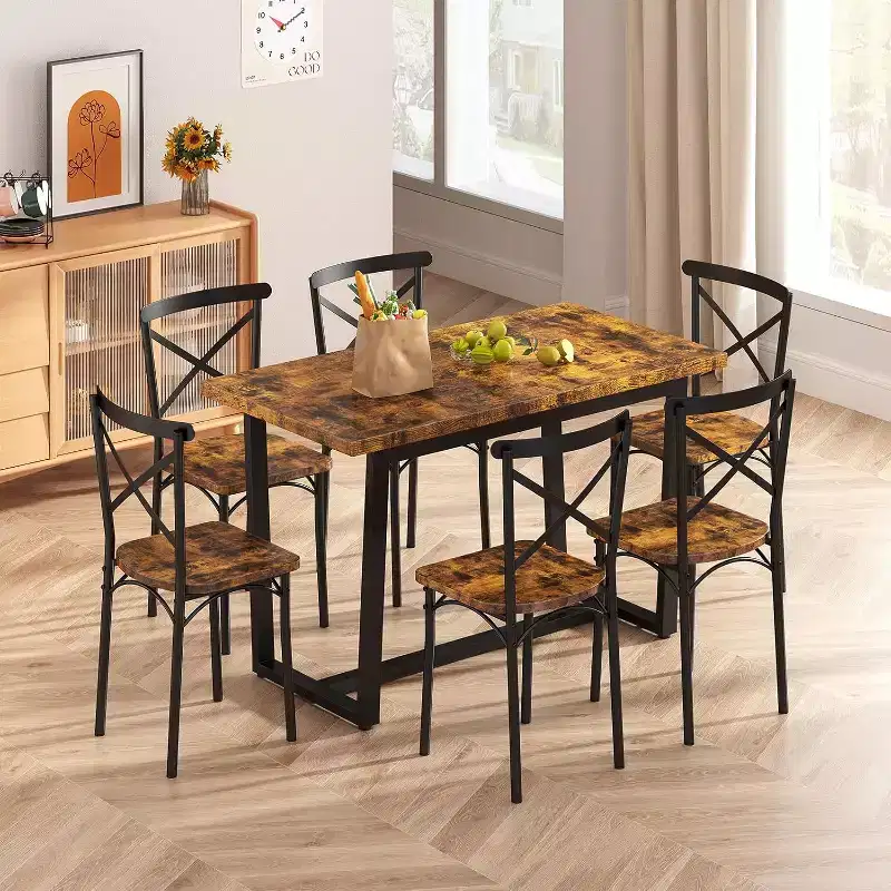 Dining Table with 6 Chairs, Iron Frame & MDF Seats