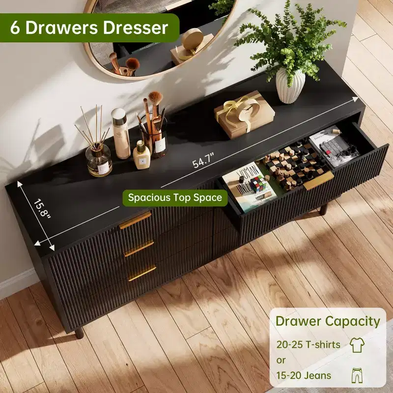Wave Fluted 5 Drawer Dresser for Bedroom, Modern Wood Chest of Drawers with Wide Drawers, Wood Nursery Dresser with Metal Legs for Hallway Entryway