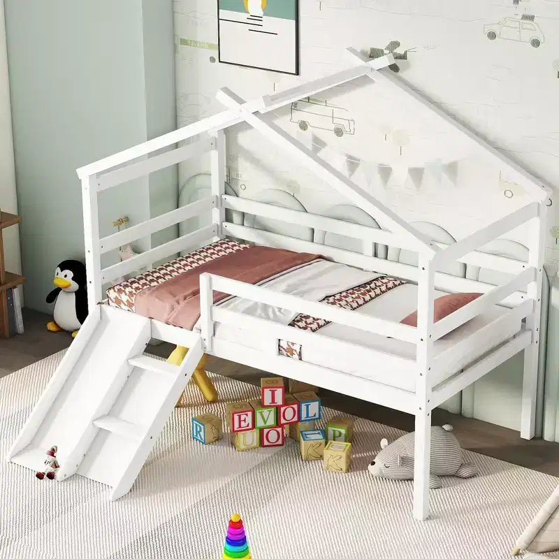 Twin Loft House Bed with Slide, Safety Guardrails, House Roof Frame, White