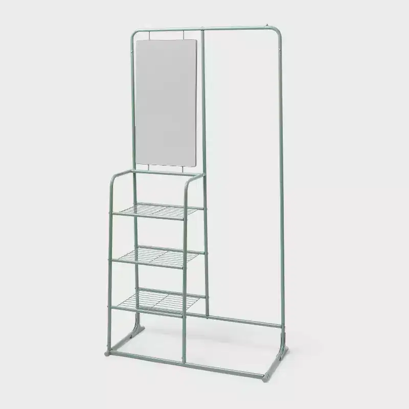 White / Assorted Greens Steel Garment Rack with Mirror & Shelves – 1 Person