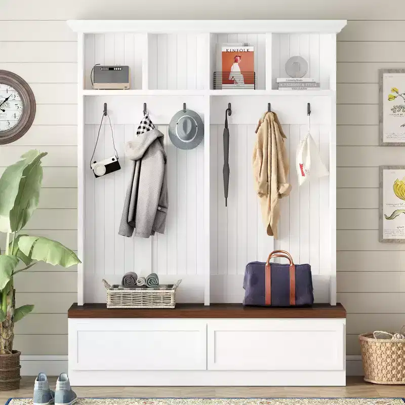 Farmhouse Hall Tree with Wood Grain Bench, Versatile Storage Rack with 2 Large Drawers, Entryway Storage for Hallway, Living Room, White+Walnut