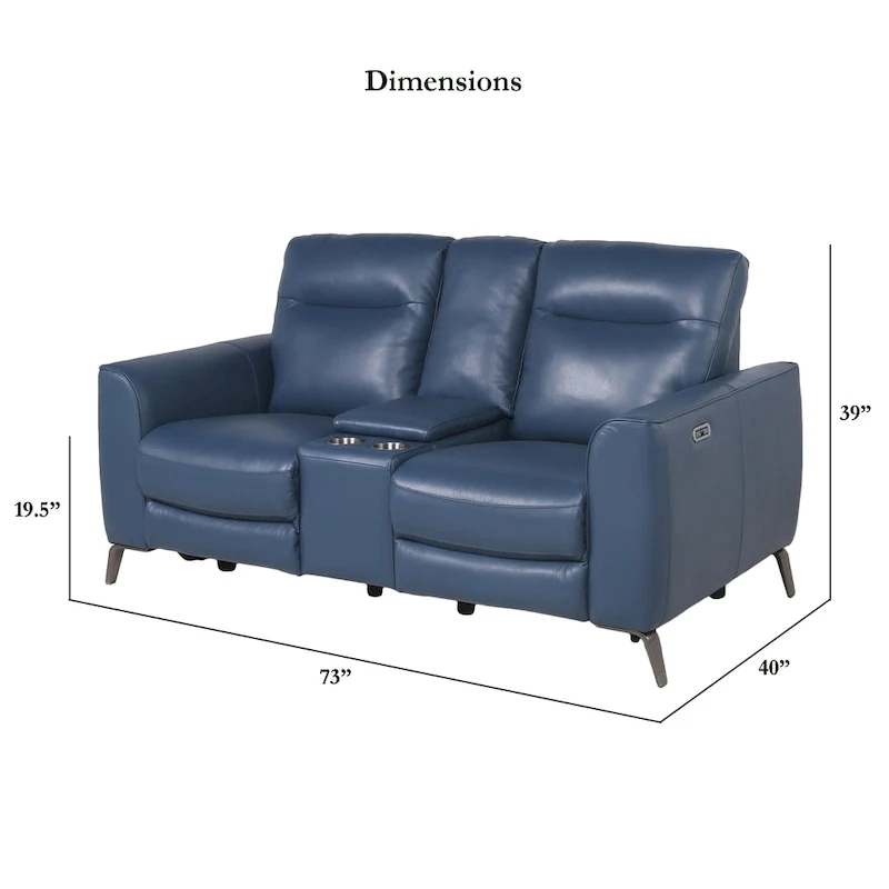 Top Grain Leather Ocean Blue Power Reclining Console Loveseat