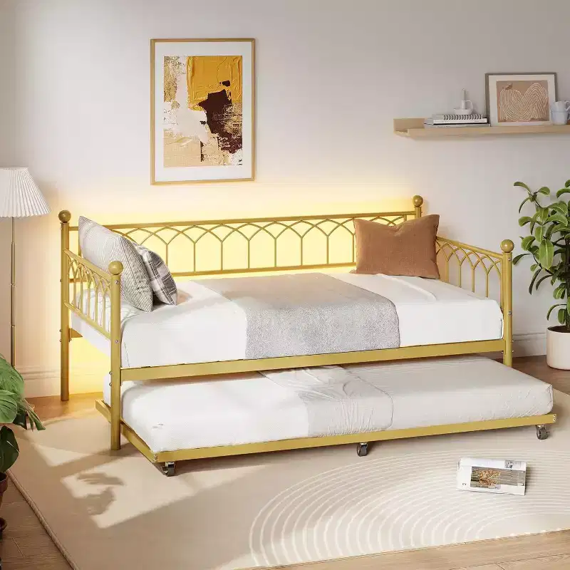 Acekool Twin Size Daybed Frame with Trundle, Metal Platform Sofa Bed with Charging Station, Space-Saving Guest Bed for Bedroom, Living Room