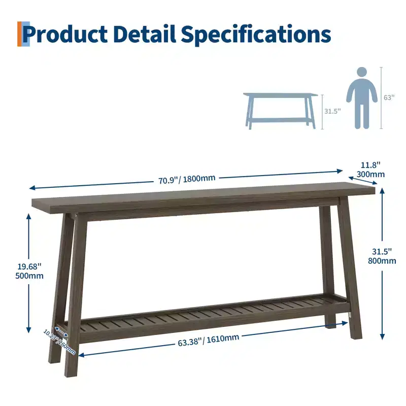 70.9in Long Console Tables, Farmhouse Narrow Sofa Table Behind Couch 2-Tier Entryway Table for Living Room Entrance Hallway Foyer