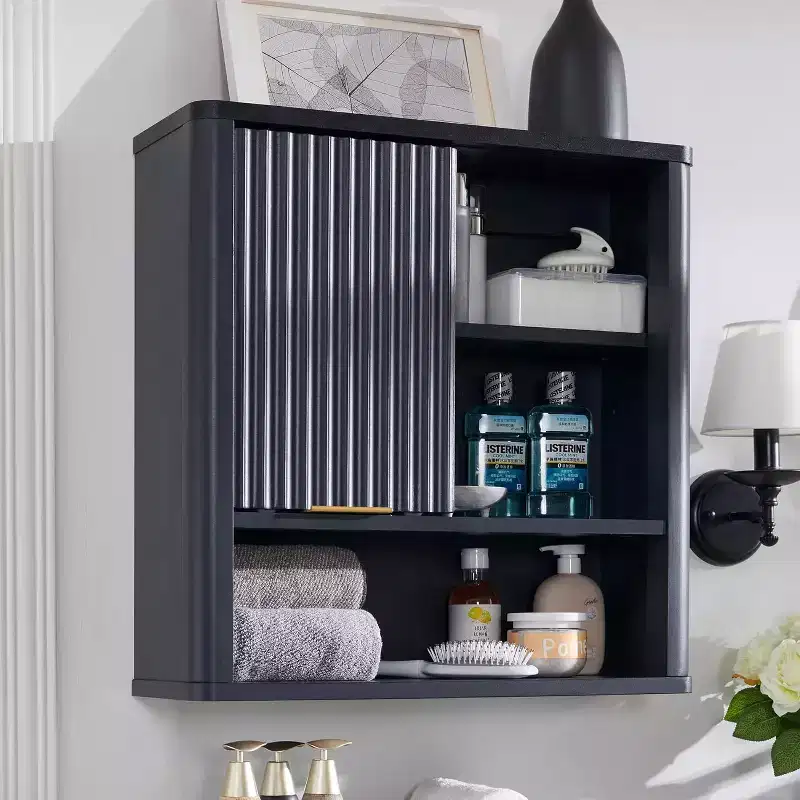 Bathroom Wall Cabinet with Sliding Door, Wood Hanging Cabinet with Adjustable Shelf & Faux Marble Top, Over The Toilet, Bathroom Cabinet