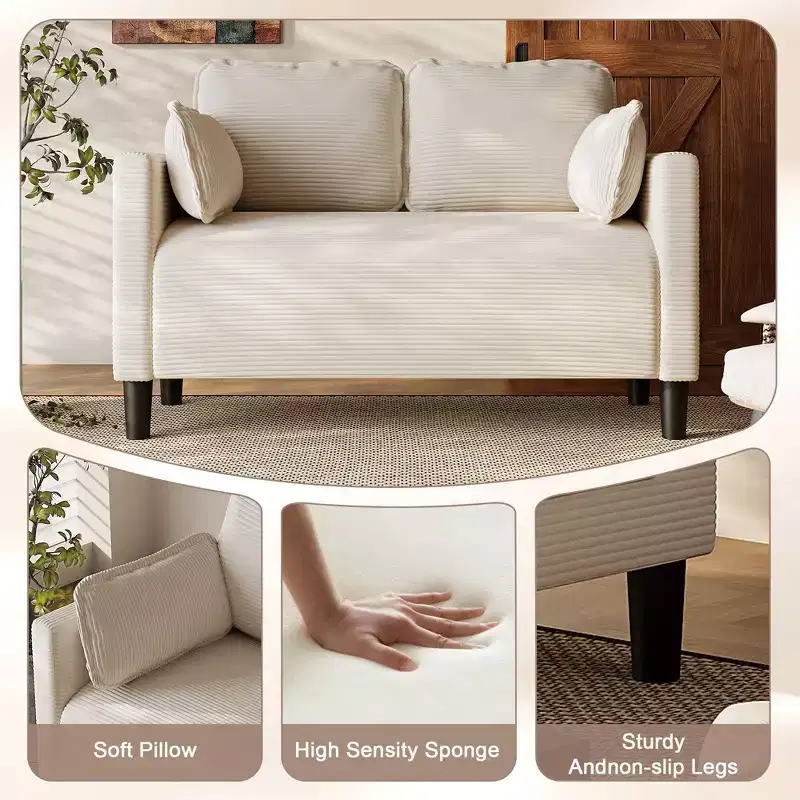 Okak Modern Small Soft Corduroy Loveseat Sofa with Pillows & Side Pockets,Solid Wood Frame Futon Couch for Living Room,Dorm