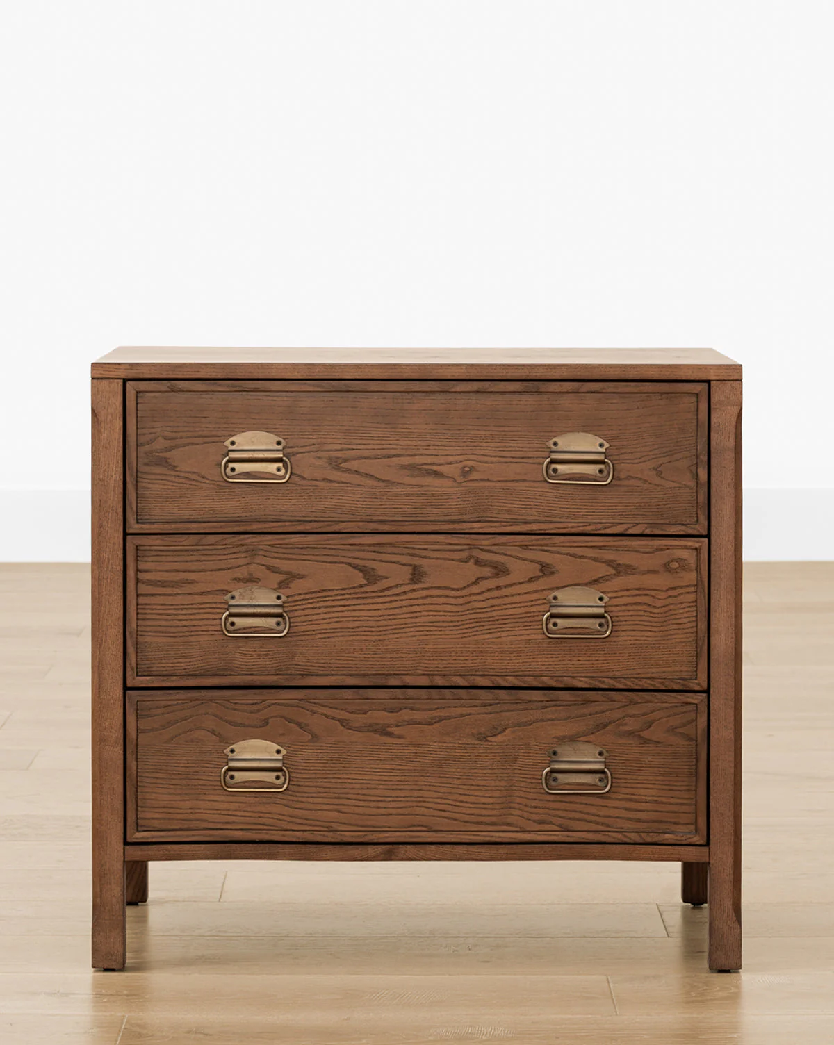 Modern Walnut Nightstand with Brass-Detailed Drawers for Bedroom