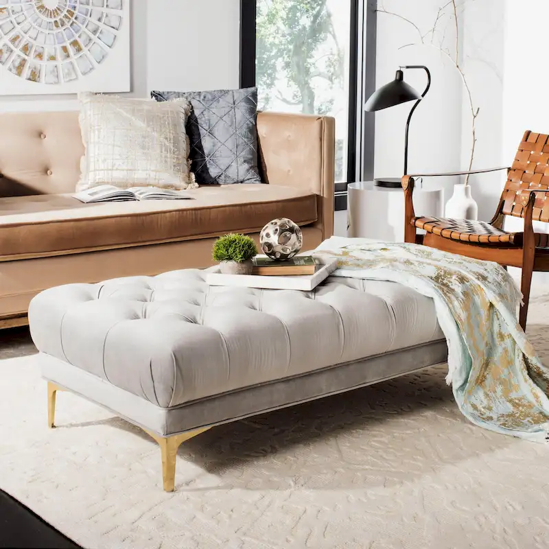 Grey / Navy Velvet Tufted Rectangular Bench with Brass Legs for 1–2 Person