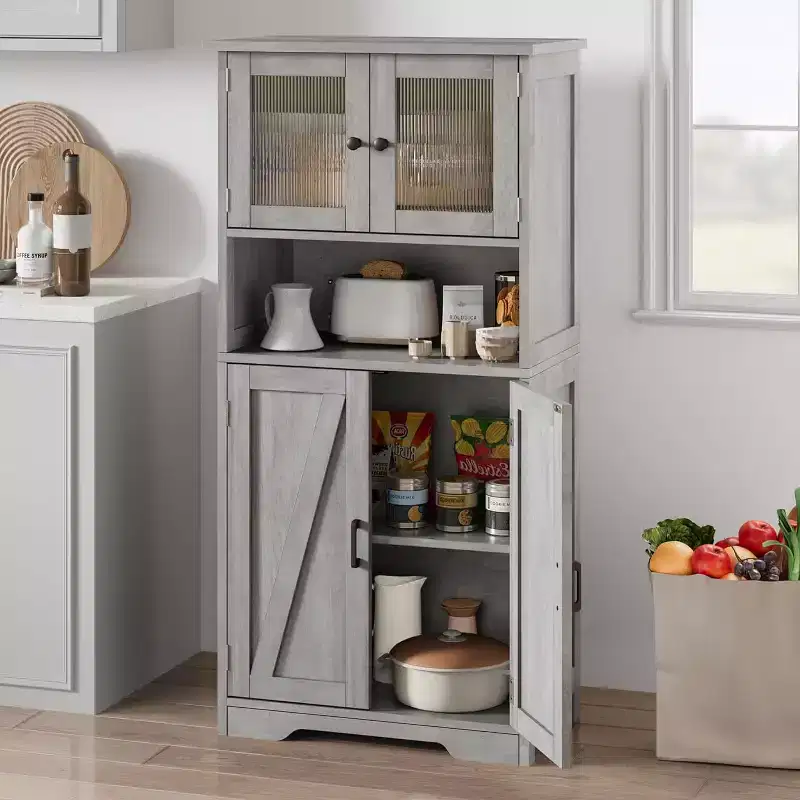 Kitchen Pantry Storage Cabinet With Doors And Shelves, 50.4 Freestanding Pantry Cabinets, Wooden Cupboard, Large Floor Cabinet For Bathroom, Kitchen