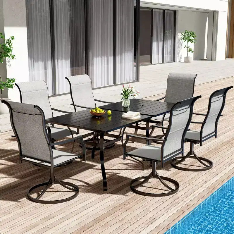 CLIHOME 8-Piece Patio Dining Set,Convertible Square Table built-in Umbrella Hole & 360 Swivel Chairs Outdoor Set