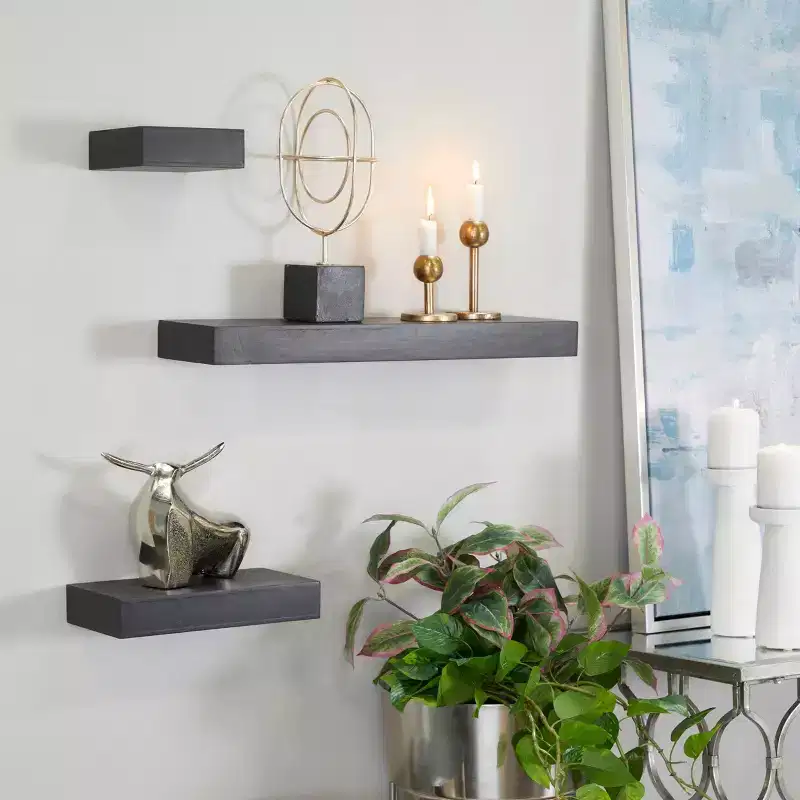 Set of 3 Wood Wall Shelves Black: CosmoLiving by Cosmopolitan, Modern Floating Shelf Set