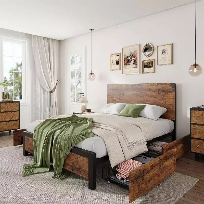 Queen Size Platform Bed Frame with Headboard and 4 Storage Drawers, Heavy-Duty Metal Supports, No Box Spring Required, No Noise, Easy to Assemble