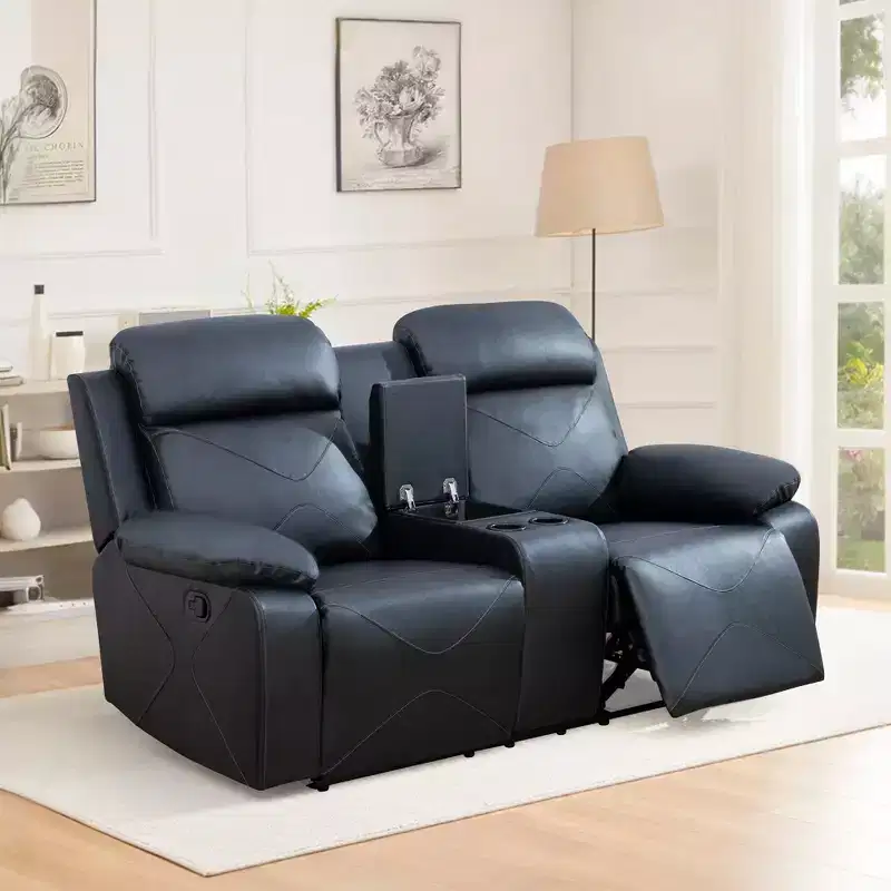 MAYEERTY Reclining Loveseat, 2-Seat Breathable Leather Recliner with Storage & Cup Holders for Living Room, Black