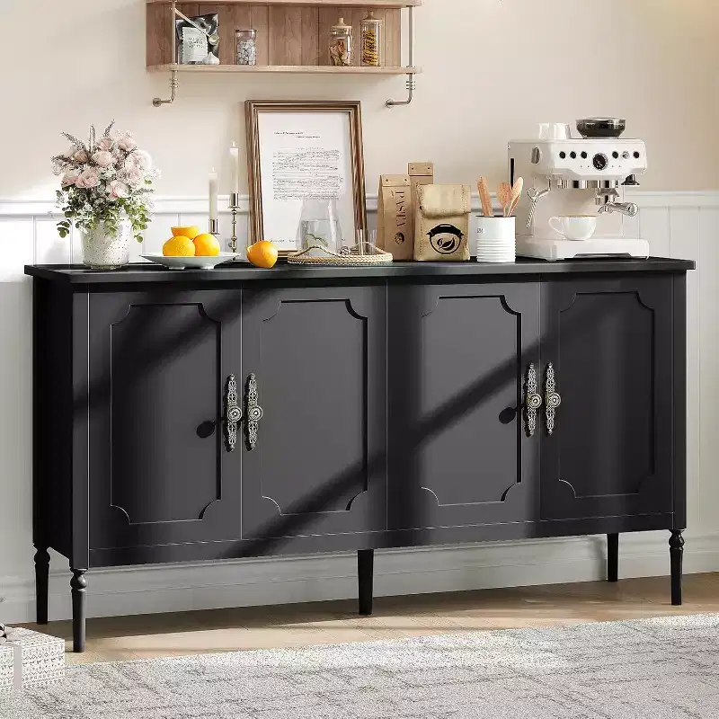 59 Buffet Sideboard Cabinet Vintage Coffee Bar Storage with Adjustable Shelves & 4 Doors for Dining Room, Kitchen & Living Room