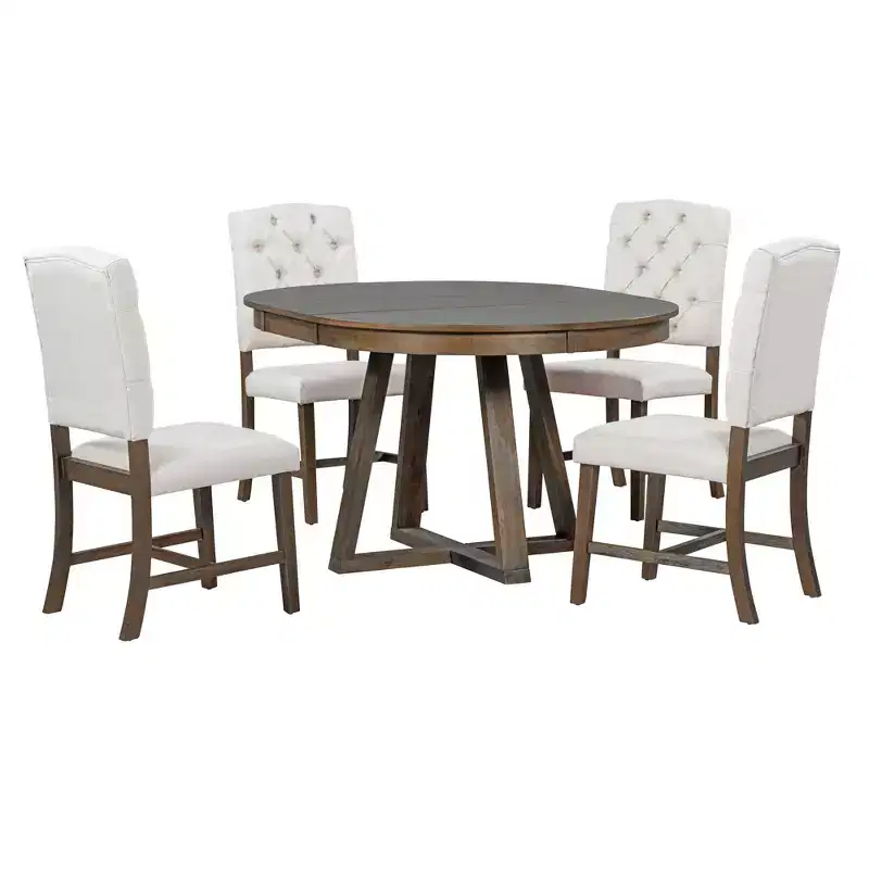 Whisen Retro Style 5-Piece Extendable Dining Set with 4-Botton Tufted Upholstered Chairs