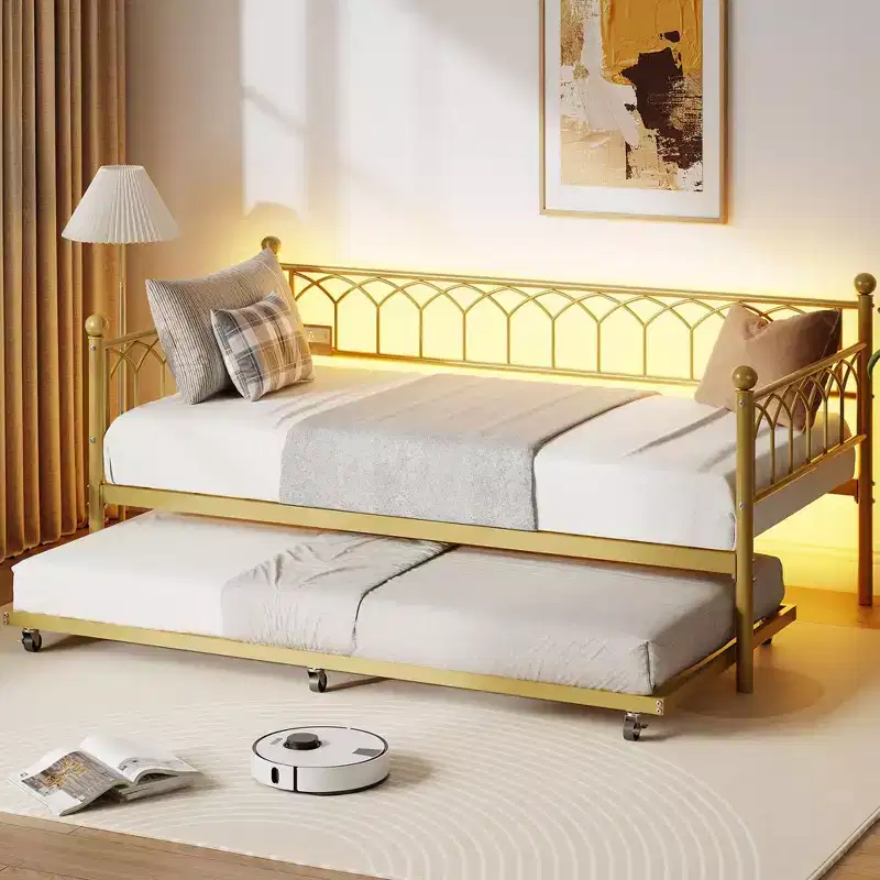 Daybed with Trundle, Charging Station & LED Lights, Sofa Beds Frame with Pull Out Bed for Living Room, Guest Room, Apartment, Small Spaces