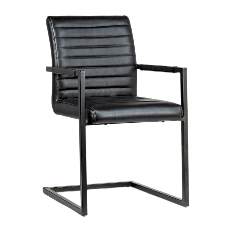 Full Grain Leather Dining Arm Chair – Black / Vintage Brown, Steel Frame, Channel Tufted, Single