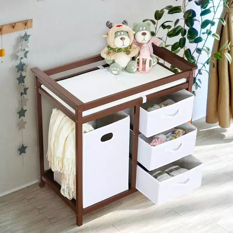 Wooden Baby Changing Table, Modern Diaper Changing Table, Infant Diaper Station Dresser with Laundry Hamper, 3 Drawer Basket