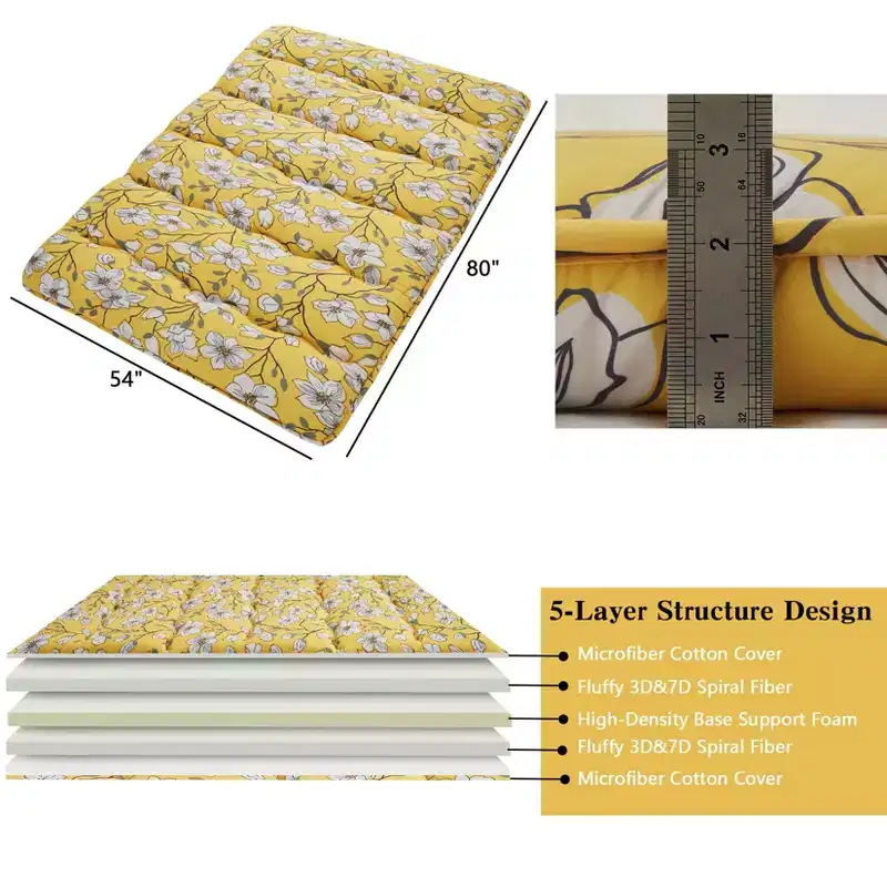 Acekool Full Size Japanese Floor Futon Mattress, Floral Printed Tatami Mat, Foldable Roll-Up Sleeping Pad for Guest Room, Dorm  Stylish Yellow