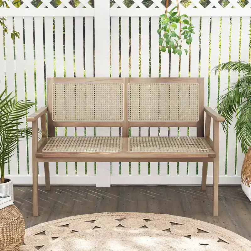 Costway Indonesia Teak Wood Garden Bench 2-Person Bench with Armrests Natural Rattan Backrest & Seat