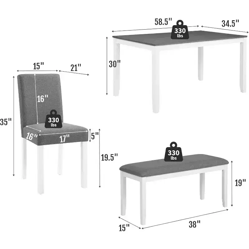 Zevemomo 6-Piece Wood Dining Table Set with Upholstered Chairs and Bench for Dining Room, Kitchen, Restaurant, Grey & White