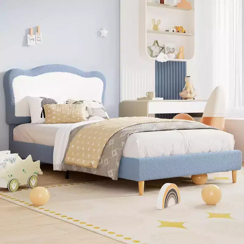 Bed Frame for Kids, Upholstered Twin Bed Frame for Kids, with Scallop Headboard, Cute Velvet Bed for Girls, Boys