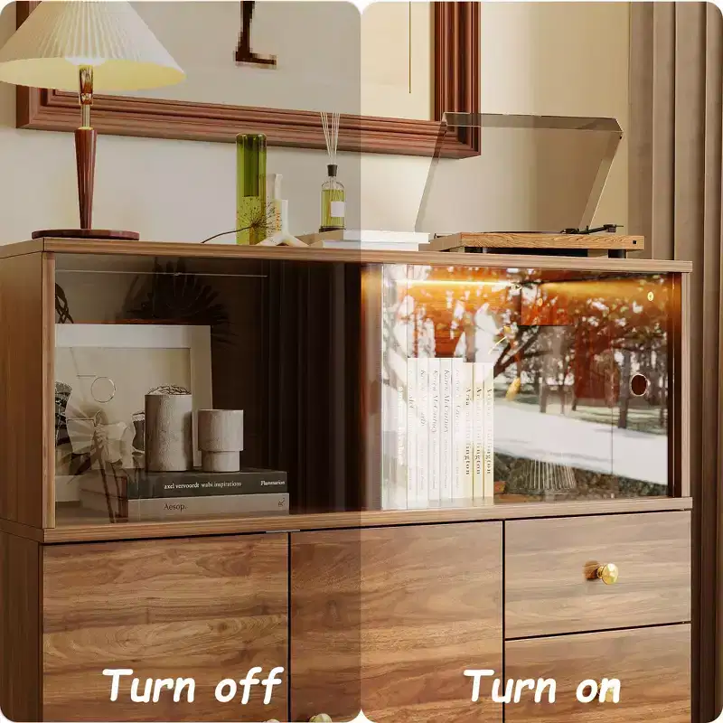 Vintage Style Storage Cabinet with LED Lighting & Acrylic Sliding Doors – Dark Wood
