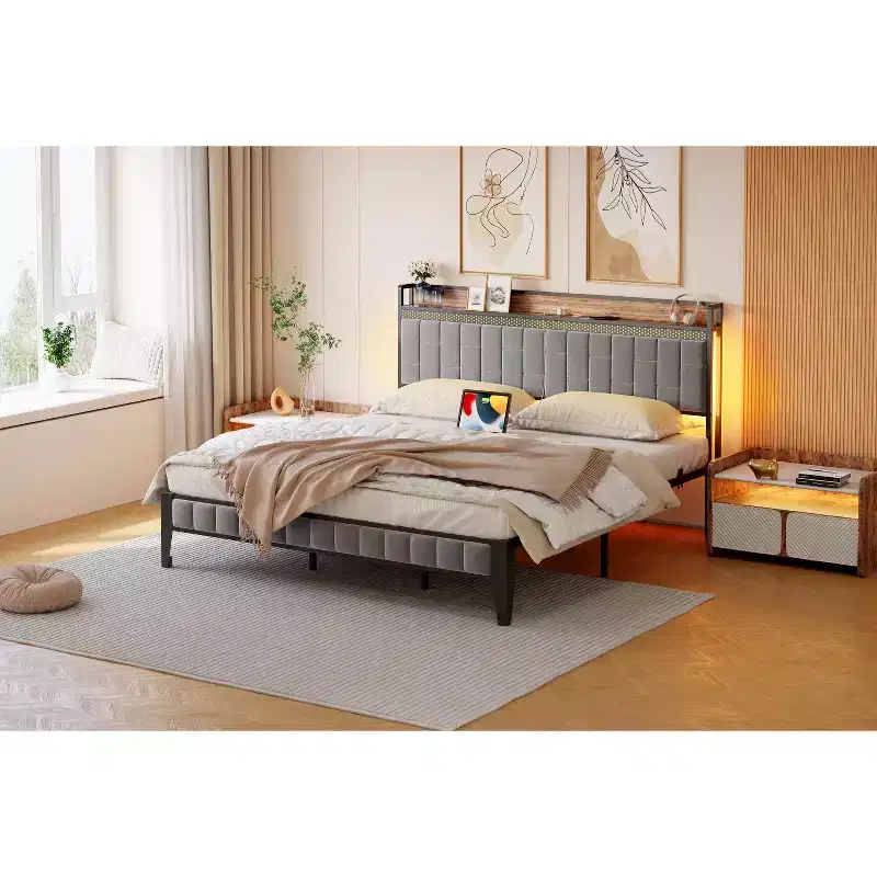 Grey Linen Upholstered Platform Bed Frame with RGB LED Lights & Storage Headboard, For 1