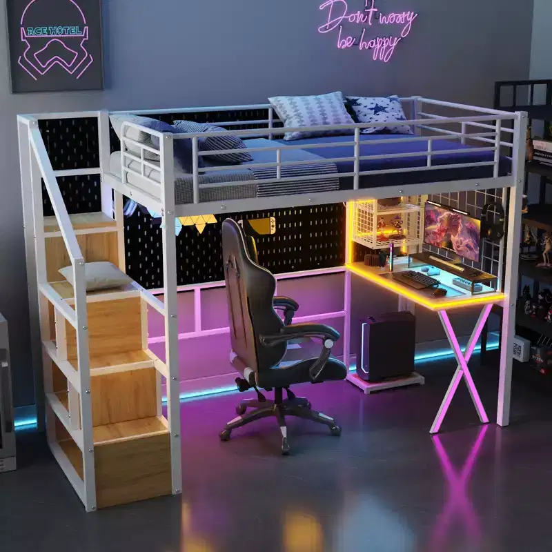 Whisen 94''L x 40.9''W Metal Loft Bed with Built-in Work Station, Wardrobe, Storage Staircase and LED, Safety Guaranteed