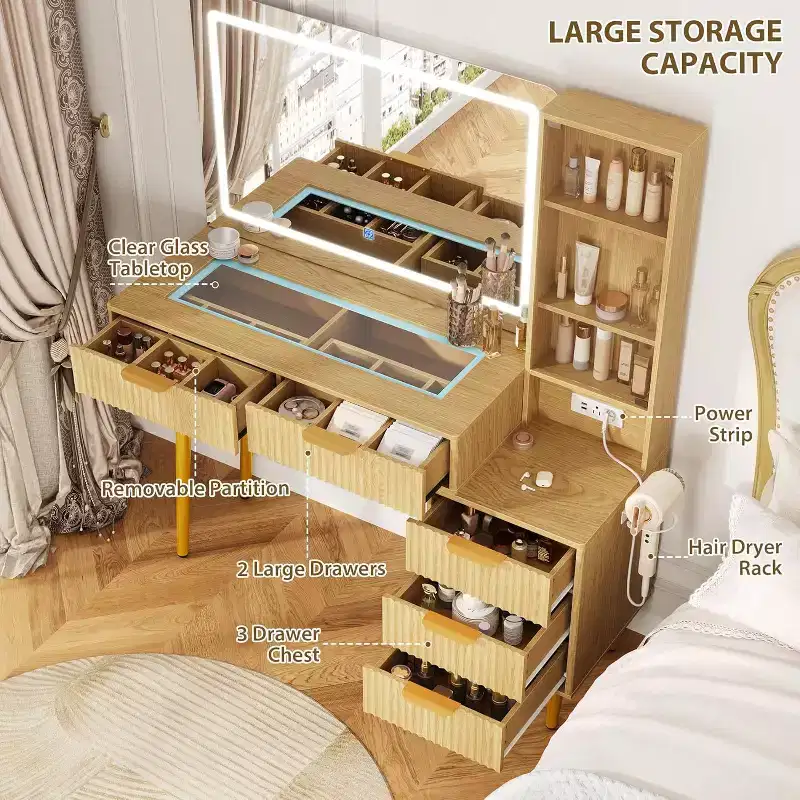 GustoWave 5 Drawers Vanity Desk, Makeup Dressing Table with Built-in USB Outlet Charging Station