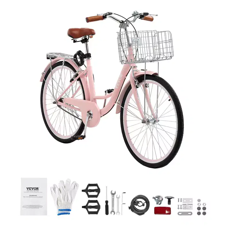 VEVOR Cruiser Bike, 1-Speed, 26-Inch Pink Beach Cruiser Bike with Large Capacity Basket and Rear Rack, Secure & Sturdy Cruiser Bike, Pink