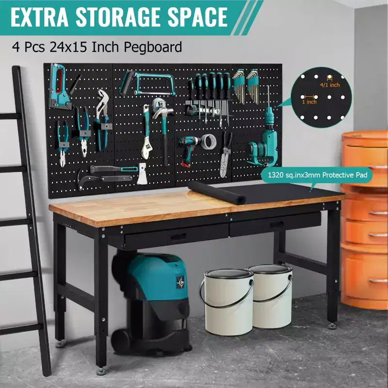 60 Inches Workbench, Rubber Wood Tabletop Work Table with 2 Drawers & Pegboard, 3000 LBS Heavy Duty Adjustable Height Work Bench with Power Outlets