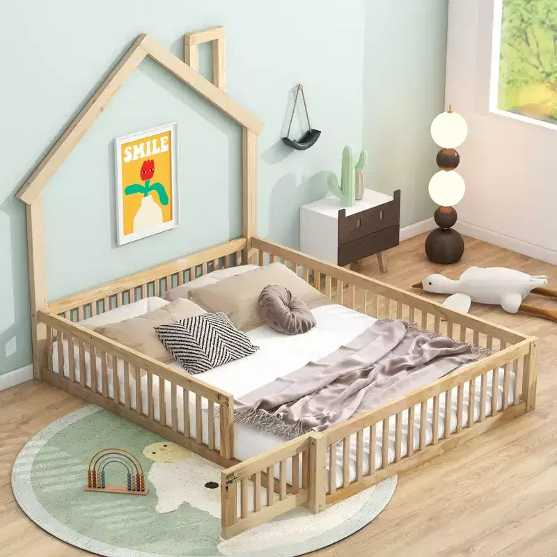 Wood Full Size House Platform Bed with Guardrail, Solid Wood Floor Bed Frame with House-Shaped Headboard for Kids