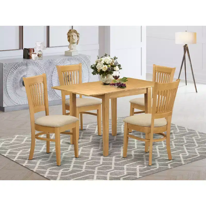 HomeStock Belmont 5Pc Dinette Set for Small Spaces Includes a Dining Room Table and 4 Dinette Chairs with Linen Fabic Seat and Slat Back, Oak Finish
