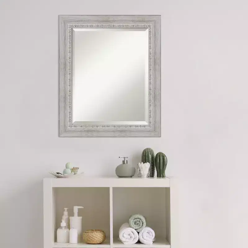 Rustic White Wash Beveled Wood Bathroom Wall Mirror
