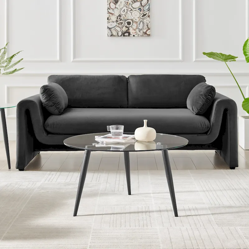 Glass Top Coffee Table with Tapered Wood Legs, Mid-Century Modern Living Room Accent Table