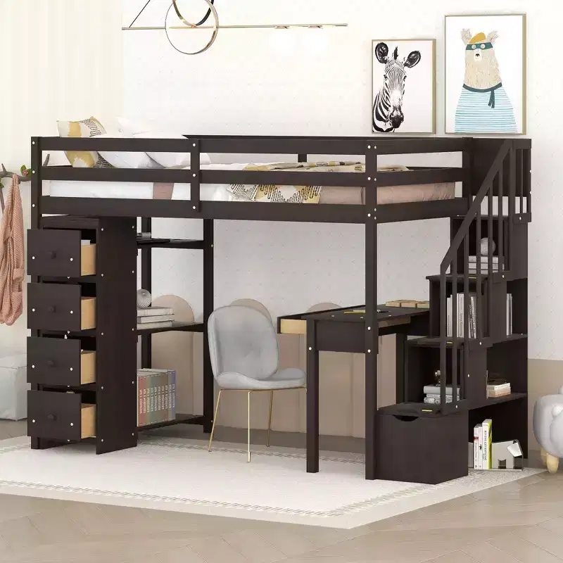 94.40''L 41.80''W Modern Design Twin Size Wooden Loft Bed with Storage Drawers, Desk and Stairs