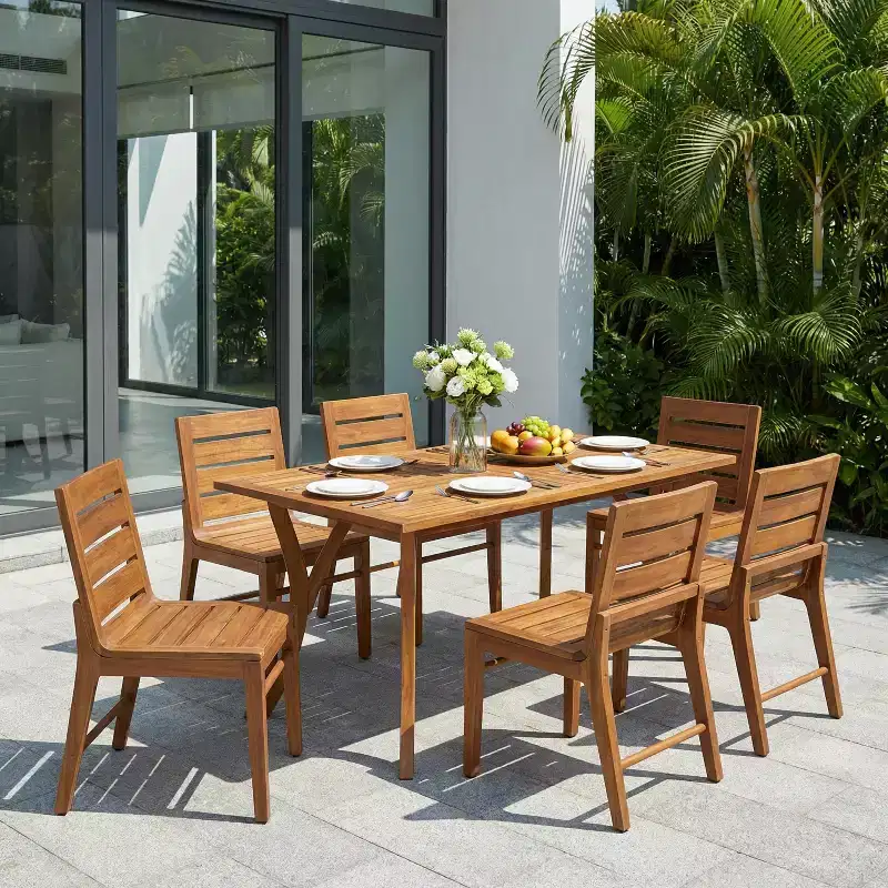 Christopher Knight Home Lorenzo Modern 7 Piece Acacia Wood Dining Set with Slatted Design and Curved Legs