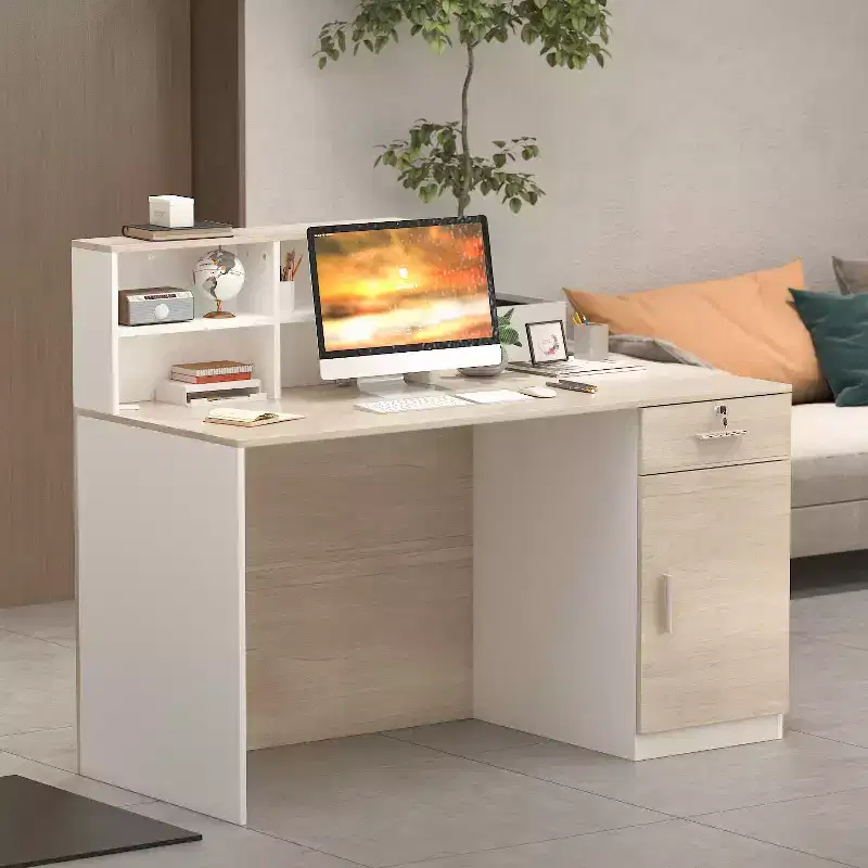 Famapy White Reception Desk with Locking Drawers Woodgrain Decorative Retail Counter Computer Workstation