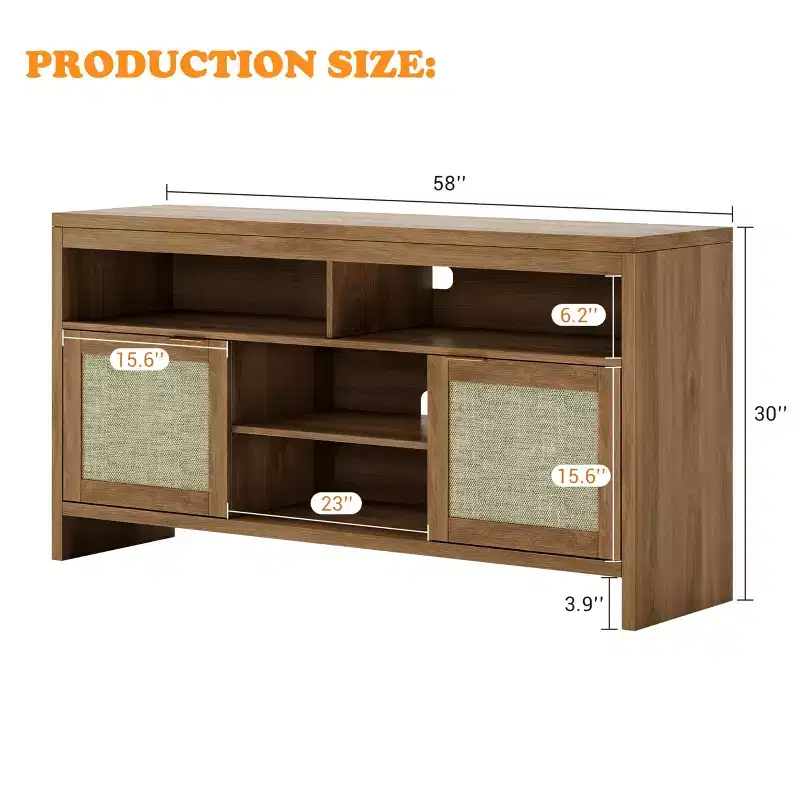 Rattan TV Cabinet, 58 Inch Wooden TV Stand with 4 Open Shelves and 2 Door Cabinets, Farmhouse Entertainment Center