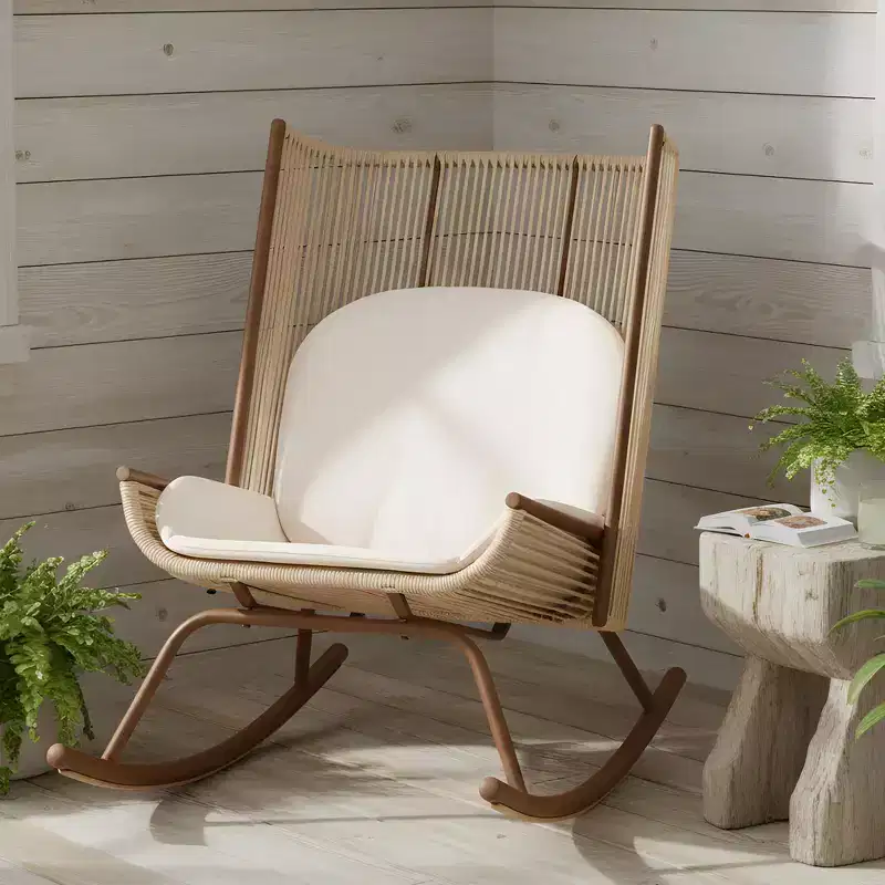 ModernLuxe Outdoor Rocking Chair with High Arc Backrest & Cushion, PE Rattan Patio Rocker, Modern Wicker Lounge Chair