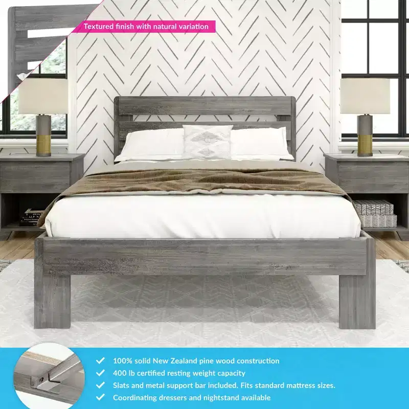 Max & Lily Full Size Bed Frame, Farmhouse Solid Wood Platform Bed with Slatted Headboard