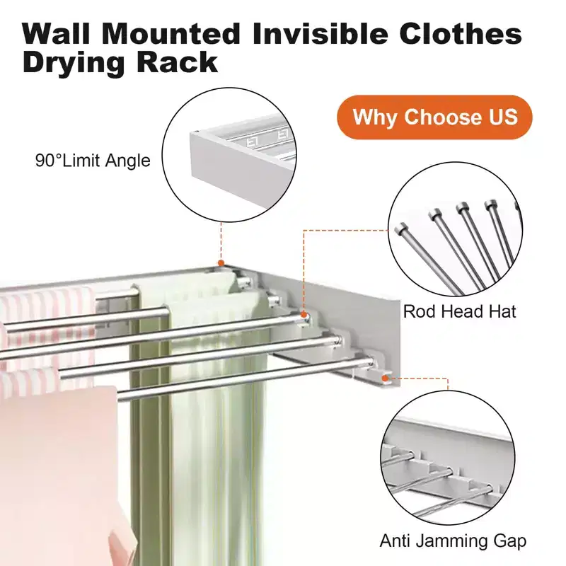 Drying Rack, Alloy Foldable Wall Mounted Retractable Clothes Hanger for Space Saving