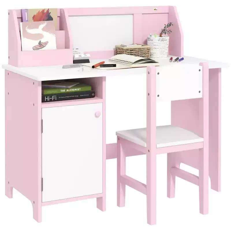 Etokfoks Kids Desk and Chair Set with Whiteboard Large Storage Cabinet Organizer for Art and Study 35.4x17.7x33.5 in Pink