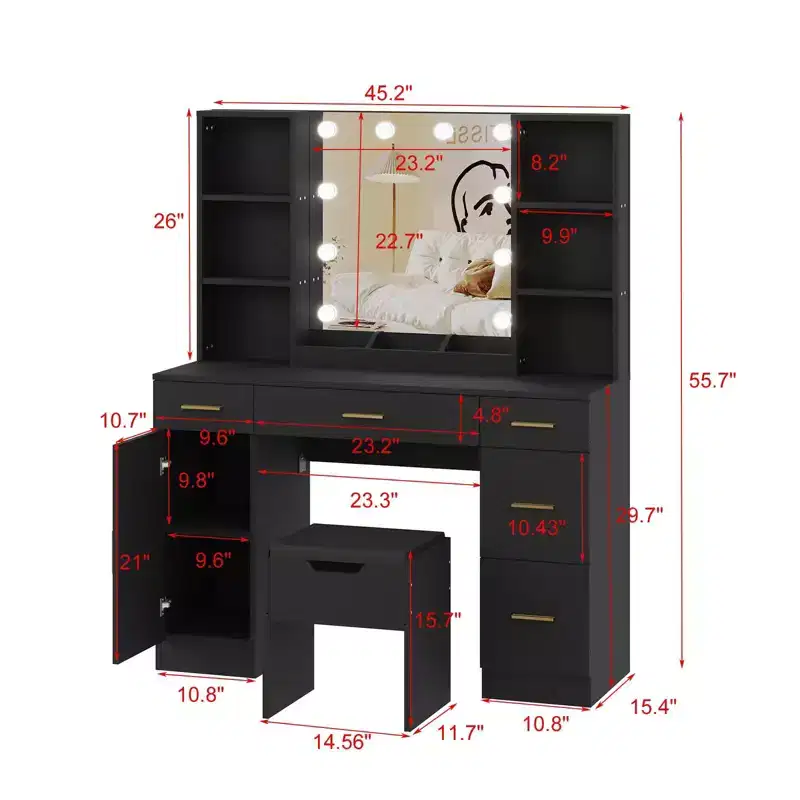 Farmhouse Makeup Vanity Table Set with Lighted Mirror,55.7 Modern Vanity Desk with Power Outlet&Storage Shelves,Dressing Table for Women & Girls