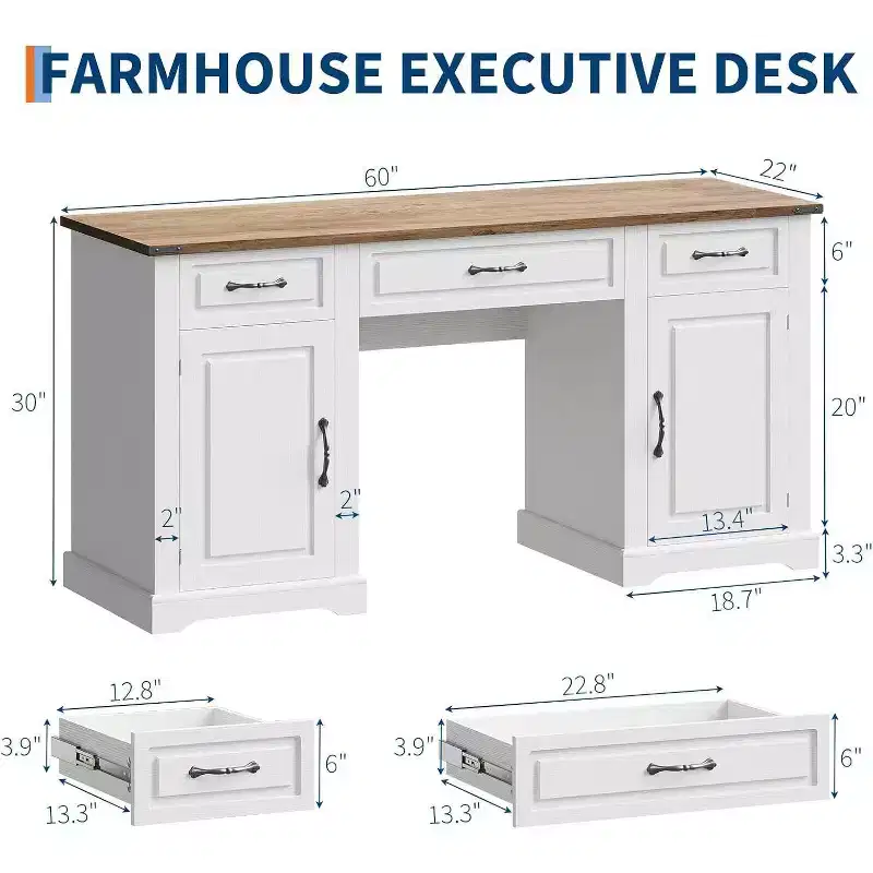 Acekool 60 Executive Farmhouse Desk with Drawers and Storage Cabinets, Rustic Wood Computer Desk for Home Office and Study, Antique White