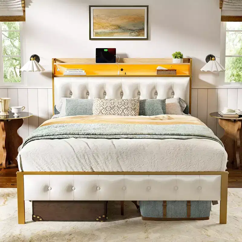 Hausource Upholstered Bed Frame White: LED Headboard, USB Ports, No Box Spring Needed