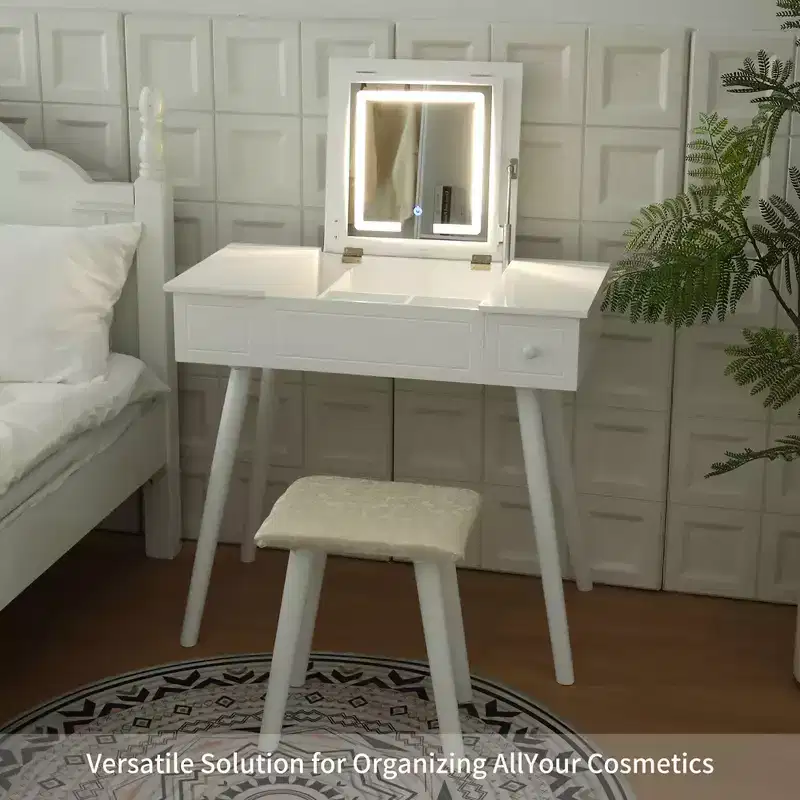 Okak 3-in-1 Flip-Top Vanity Desk with Power Outlets, Compact Makeup Table with LED Mirror, Cushioned Stool & Wood for Apartments